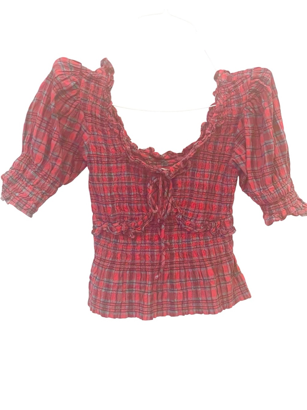 Damson Madder Megan Puffed Sleeve Red Plaid Ruffled blouse - Picture 6 of 7